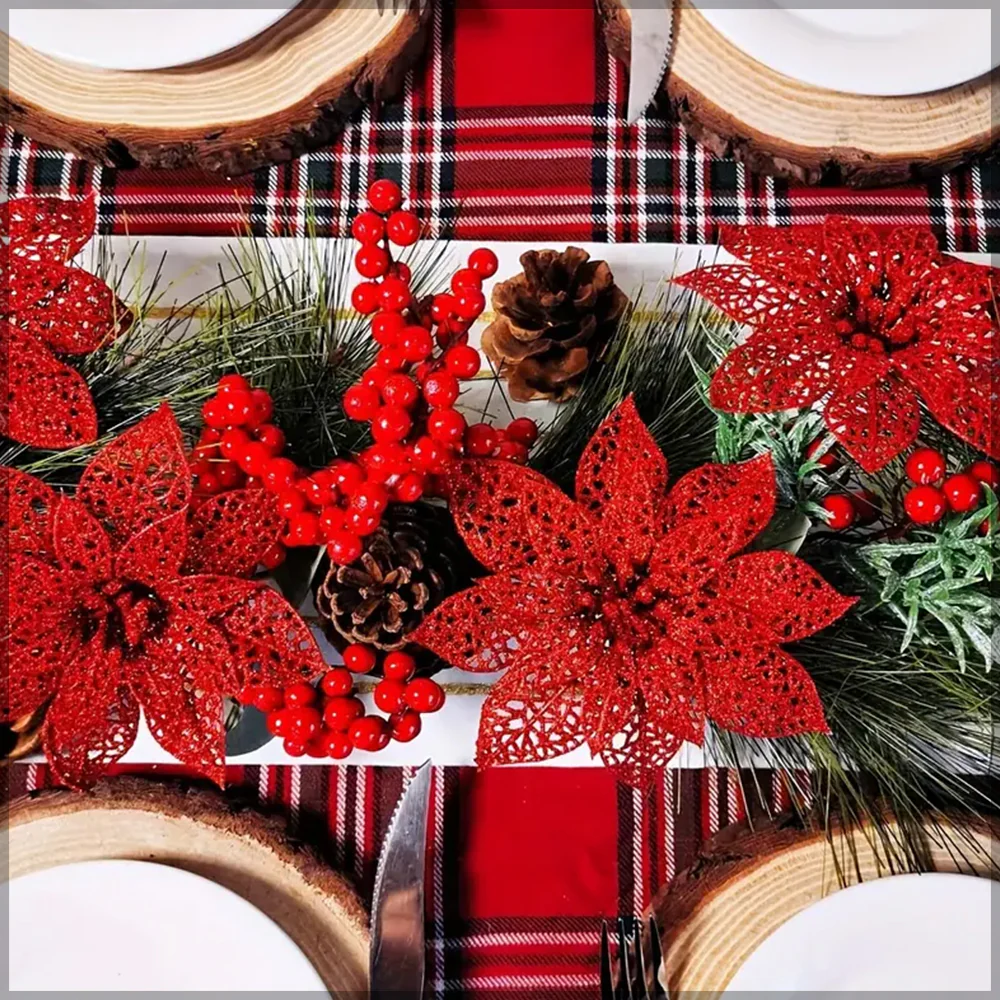 Pack of 2 Artificial Glitter Poinsettia for Christmas Decoration( Other Decoration Items not Include) - Image 6