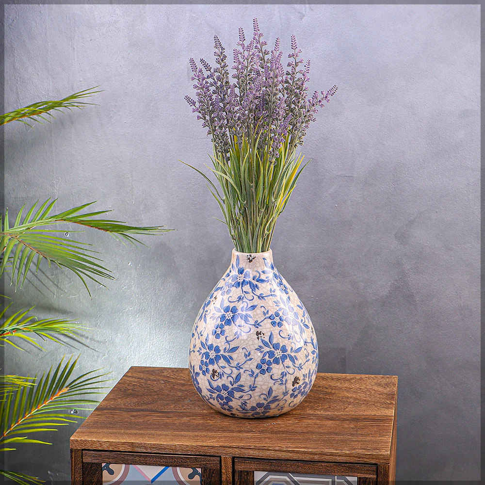 Blue-Cream Floral Ceramic Vase - Image 3