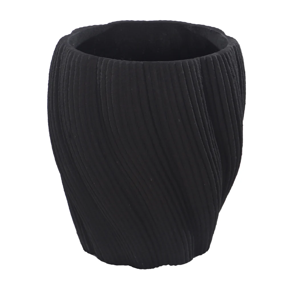 Modern Black Textured Ceramic Planter Pot – Minimalist Ripple Design - Image 3