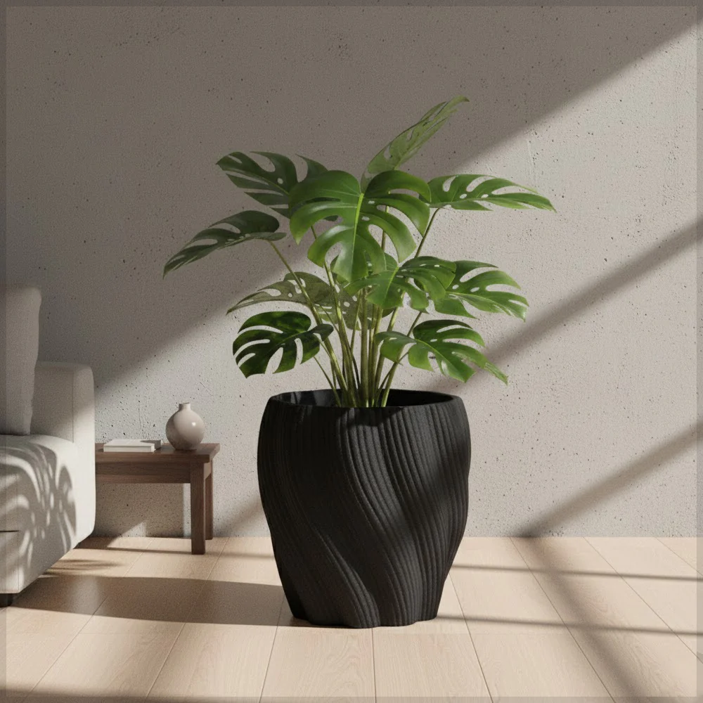 Modern Black Textured Ceramic Planter Pot – Minimalist Ripple Design - Image 4
