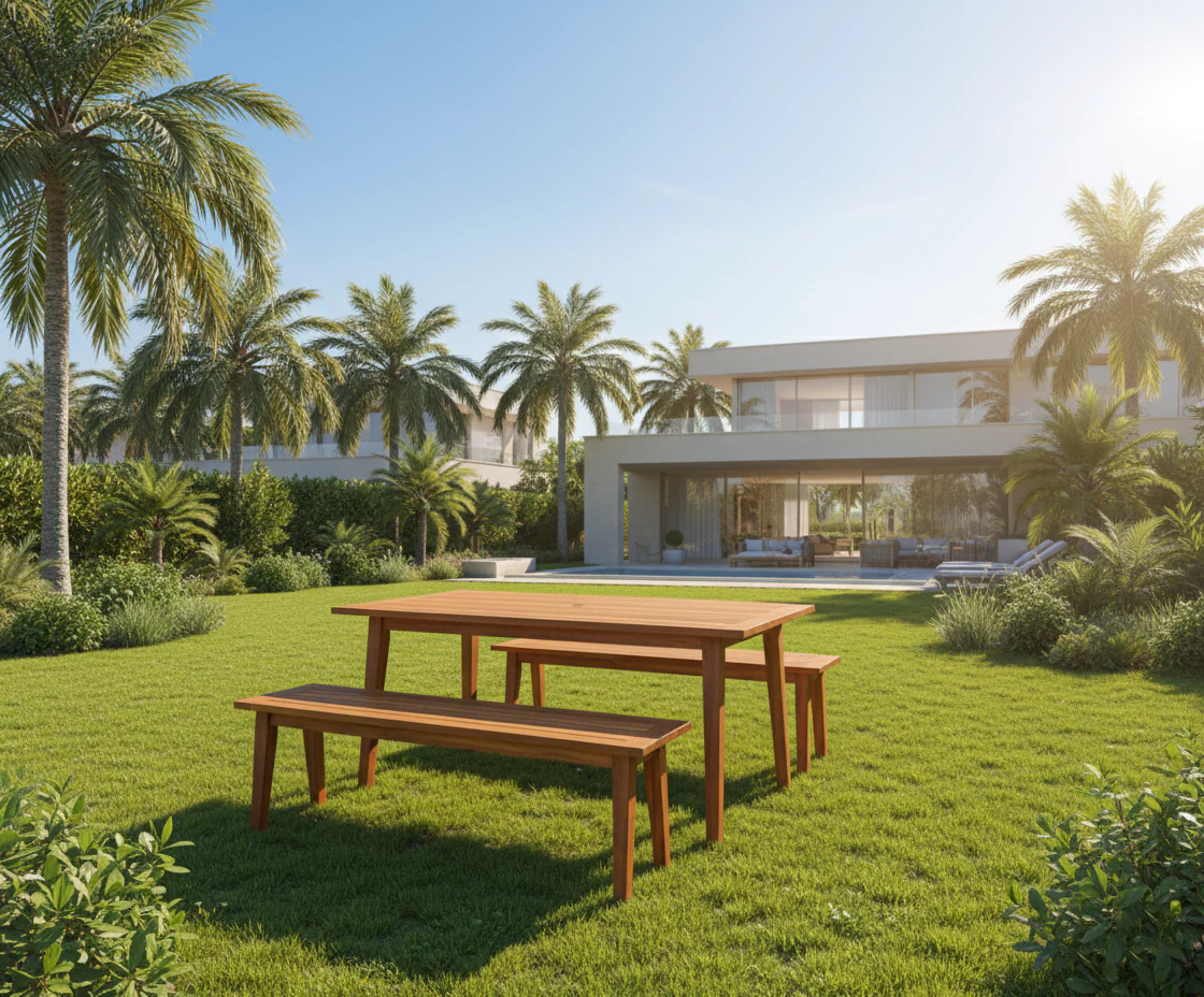Outdoor Acacia Wood Table & Bench Set - Image 5