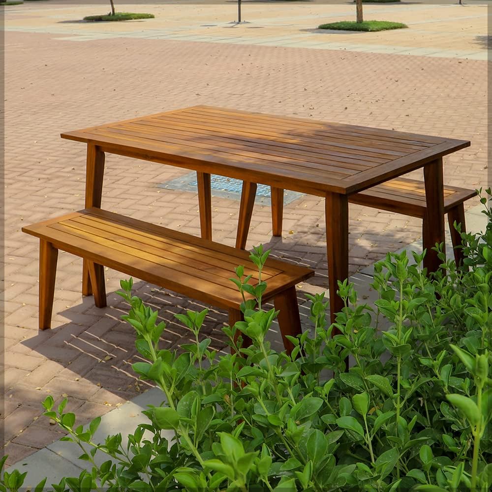 Outdoor Acacia Wood Table & Bench Set - Image 7