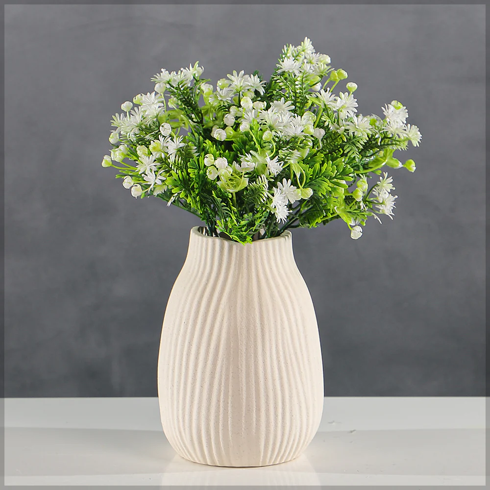 Plastic Simulation Green Leaves with White Flower Single Bunch(without vase)