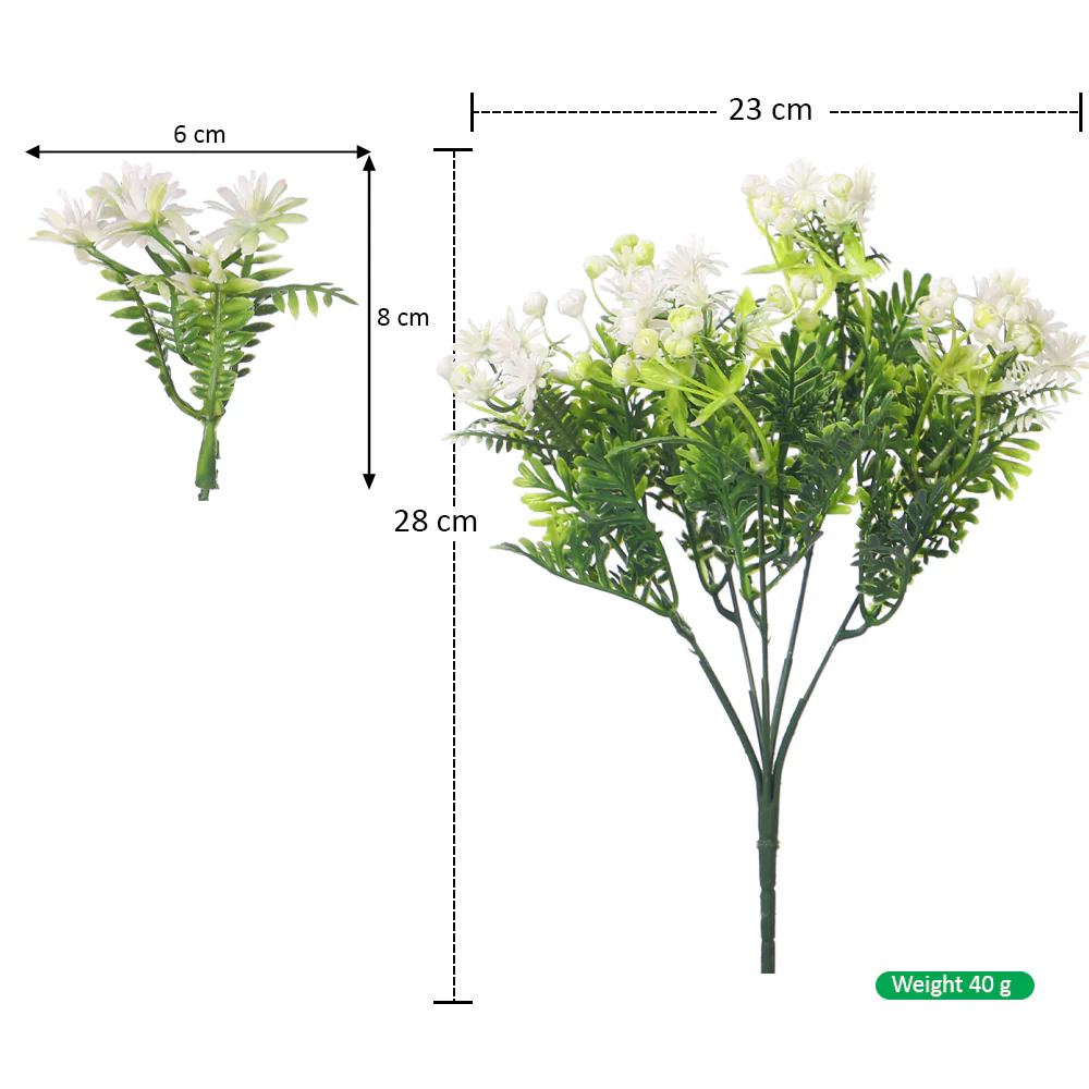 Plastic Simulation Green Leaves with White Flower Single Bunch(without vase) - Image 2