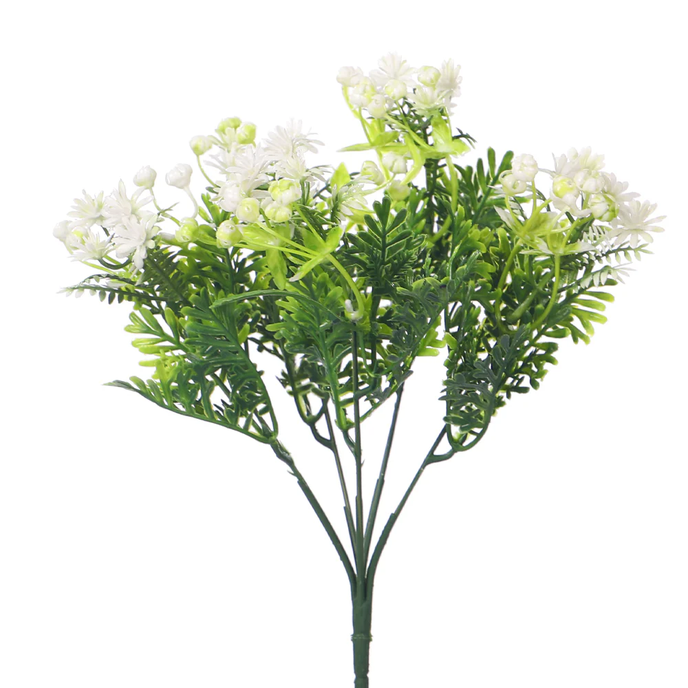 Plastic Simulation Green Leaves with White Flower Single Bunch(without vase) - Image 4