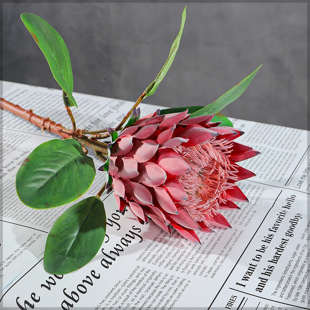 Realistic Flower King Protea SingleStem with Green Leaves(without vase) - Image 15