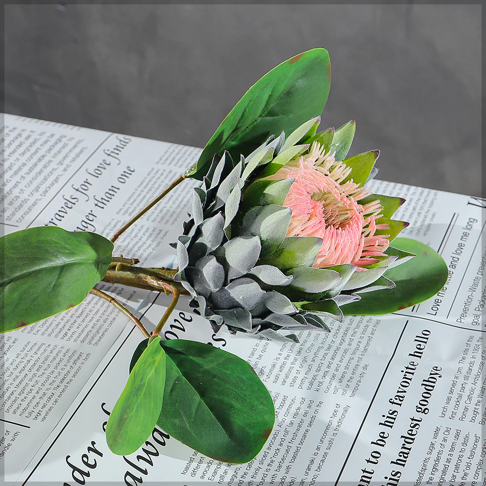 Realistic Flower King Protea SingleStem with Green Leaves(without vase) - Image 3