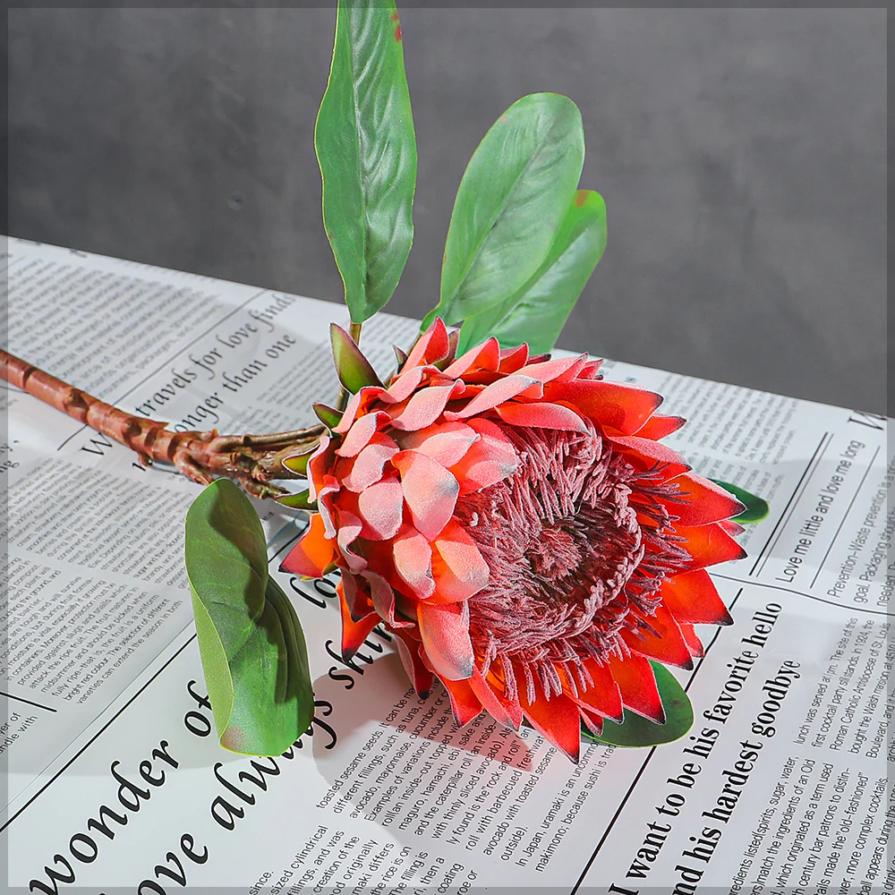 Realistic Flower King Protea SingleStem with Green Leaves(without vase) - Image 7