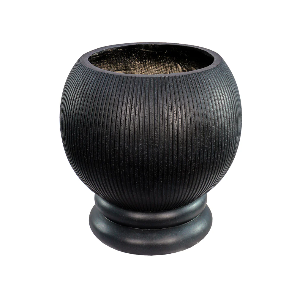 Round Black Ribbed Design Planter - Image 3