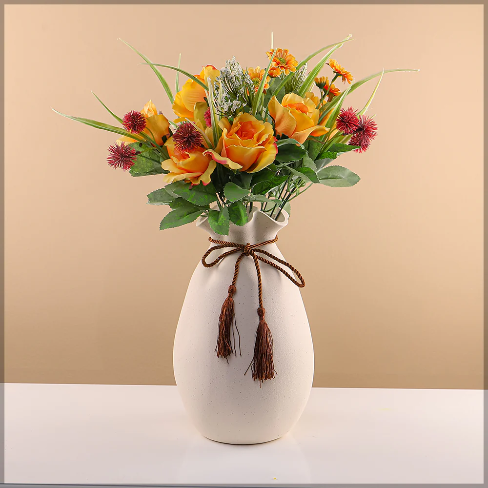 Style Cream Ceramic Vase with Ribbon - Image 3