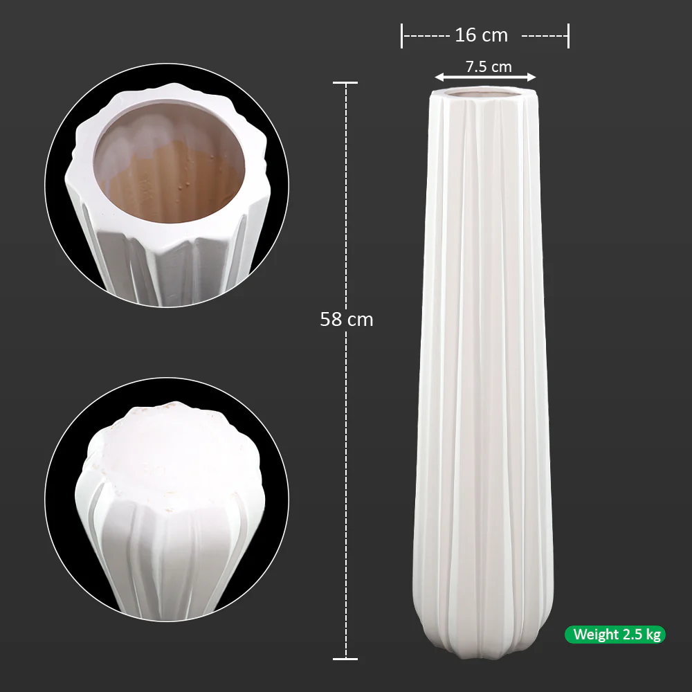 White Ribbed Ceramic Floor Vase - Image 2