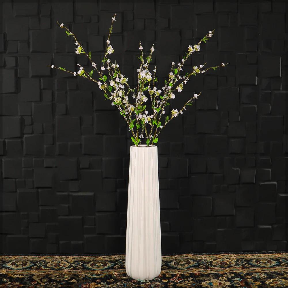 White Ribbed Ceramic Floor Vase - Image 4